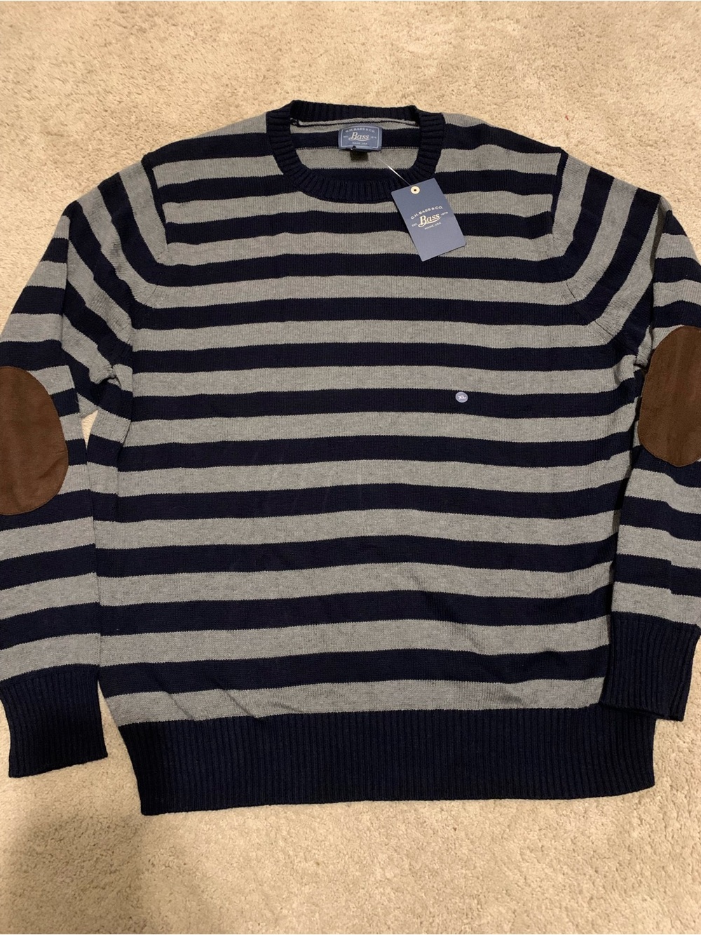 NWT G.H. Bass Men's XL Striped Sweater Elbow Patch Navy Gray